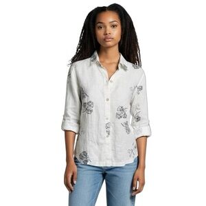 Chico's Embroidered Sequin Ecru & Silver  Long Sleeve Button Front Shirt Size 2